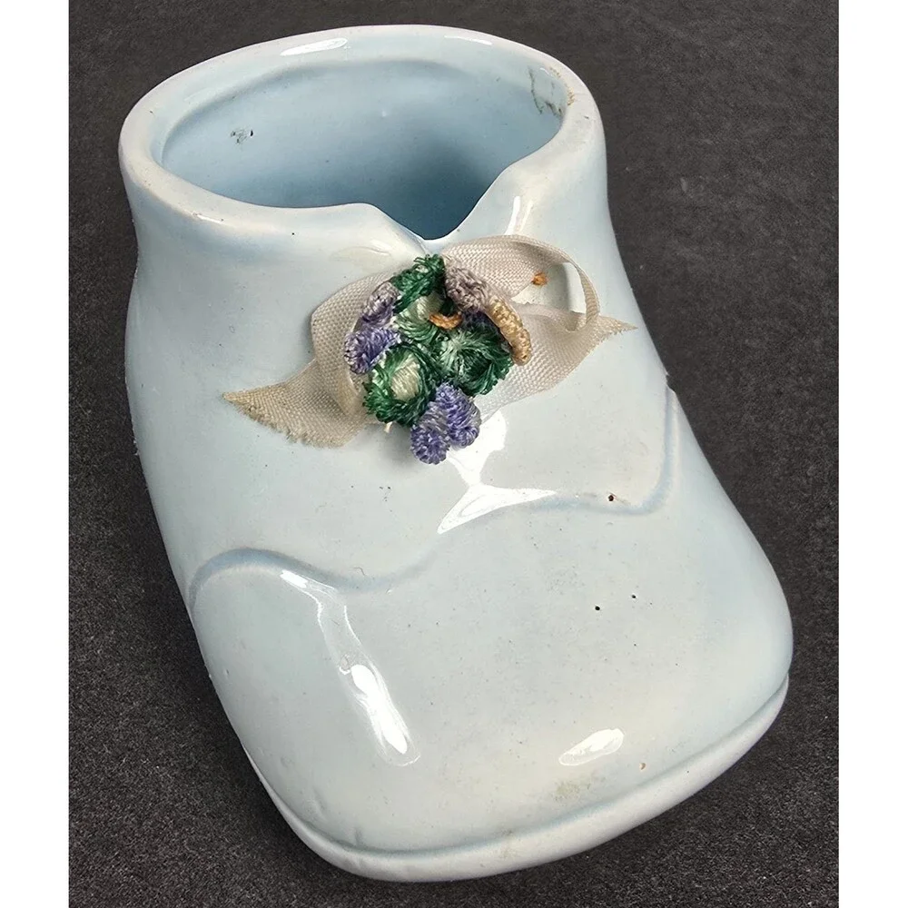Vintage Blue Ceramic Baby Booties Shoes Mini Figurines with Flowers